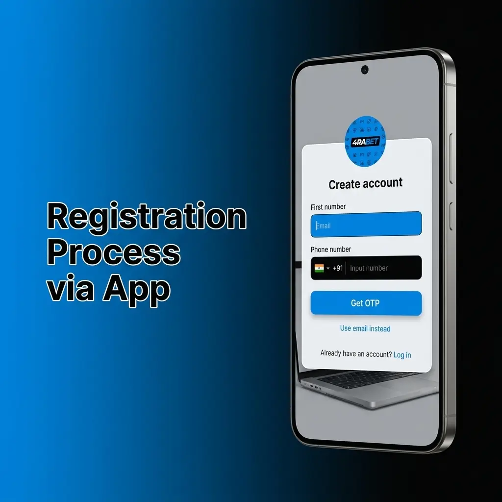 4rabet app registration screen showing sign-up form with mobile number, email, password fields and INR currency selection